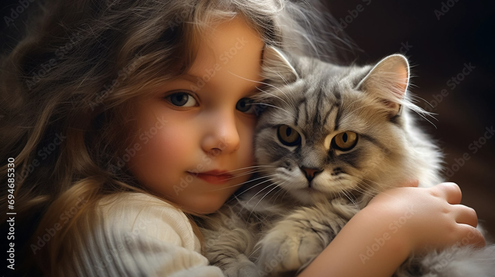 copy space, stockphoto, realistic, National Love Your Pet Day. Little girl hugging her cat. Peaceful scene. Love and friendship between an animal, cat and girl, owner.