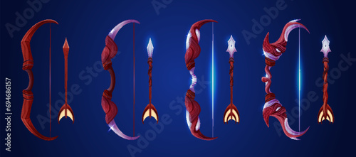 Archery bow with arrow of various complexity and decor element for game ui level rank. Cartoon vector set of wooden and metallic archer with bowstring. Fantasy shooting weapon for rpg new level reward
