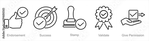 A set of 5 Checkmark icons as endorsement, success, stamp