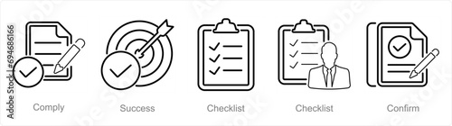 A set of 5 Checkmark icons as comply, success, checklist photo