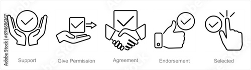 A set of 5 Checkmark icons as support, give permission, agreement