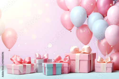 birthday party balloons, colourful balloons background and birthday cake with candles © fadi