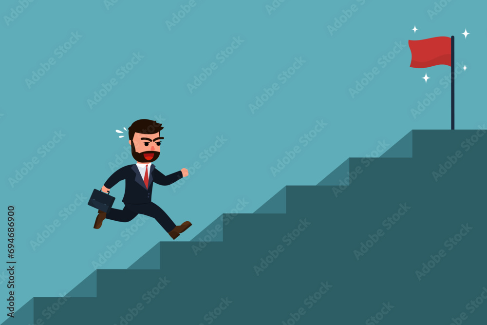 A male businessman quickly runs up the stairs to grab the success flag. Stairway to success. Growing business ideas and the path to success. Vector illustration in cartoon style A male businessman quickly runs up the stairs to grab the success flag. Stairway to success. Growing business ideas and the path to success. Vector illustration in cartoon style