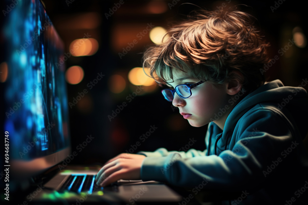 Children's gaming addiction. Little boy with glasses playing a game on the computer at night indoors - obrazy, fototapety, plakaty 