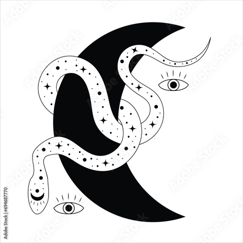 Vector snake set of mystical magic objects- moon, eyes, constellations, sun and stars.Print ready vector design for Tshirt, Mug and printing item. bundle design  .Black and white view.