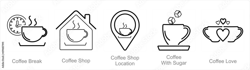 A set of 5 Coffee icons as coffee break, coffee shop, coffee shop location A set of 5 Coffee icons as coffee break, coffee shop, coffee shop location