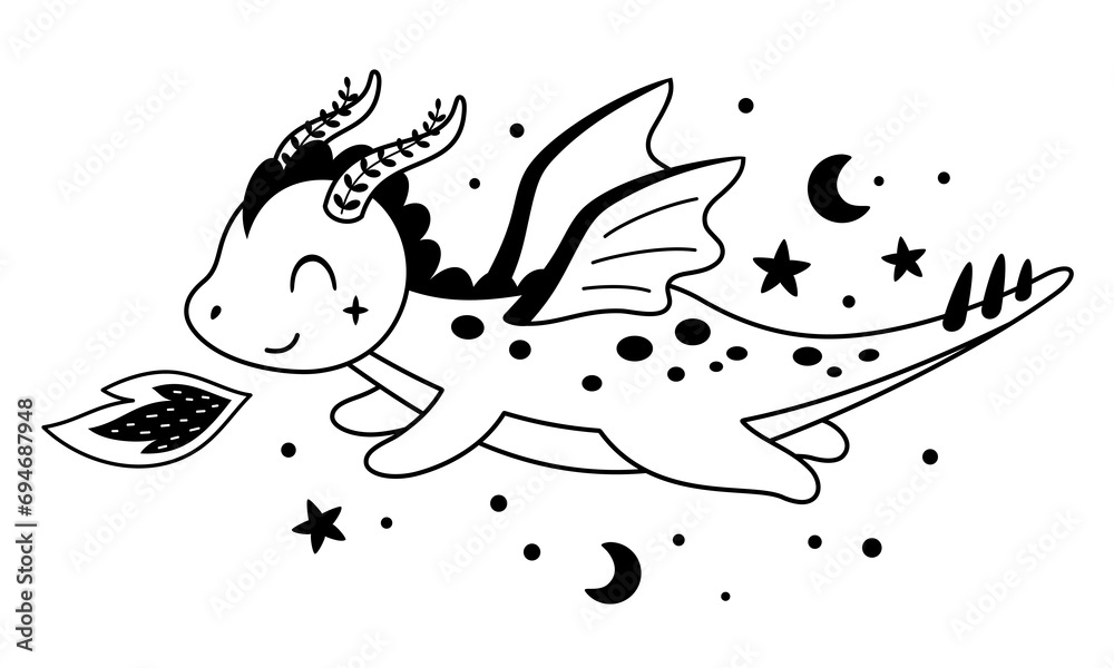 Black and white dragon clipart in cartoon flat style. Year of the dragon. Fantasy clipart. Vector illustration