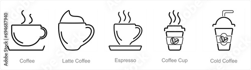 A set of 5 Coffee icons as coffee, latte coffee, espresso