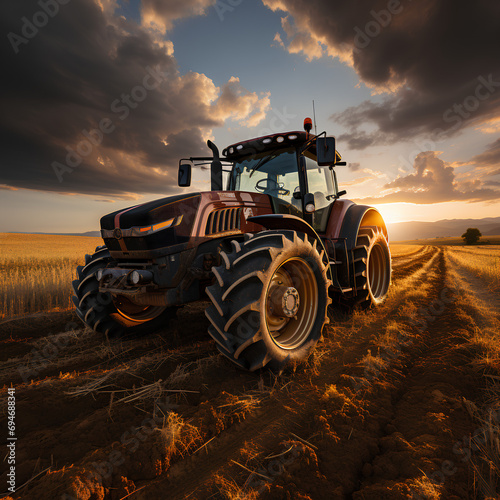 Close up of a Tractor with a sunrise in the background