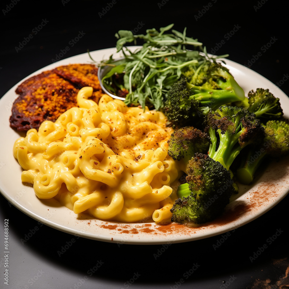 Big plate with roasted broccoli, macaroni and cheese Big plate with roasted broccoli, macaroni and cheese