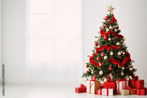 Shiny gold Christmas tree with patchwork ornaments  presents  and stars isolated on white. Festive decoration. AI Generative.