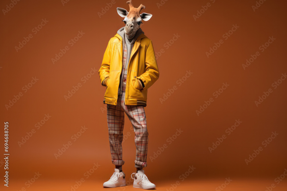 A stylish giraffe in hip-hop attire and sneakers poses in a comical and colourful image, exuding funky vogue and humor. AI generative.