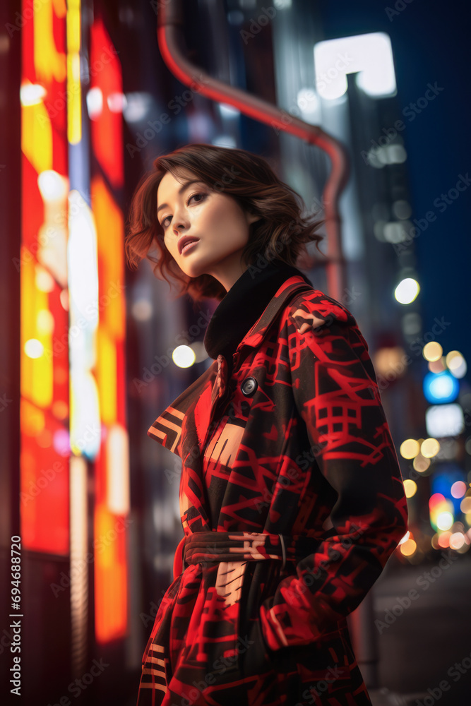 Portrait of a young Asian woman on a night city scene. Dark moody tones