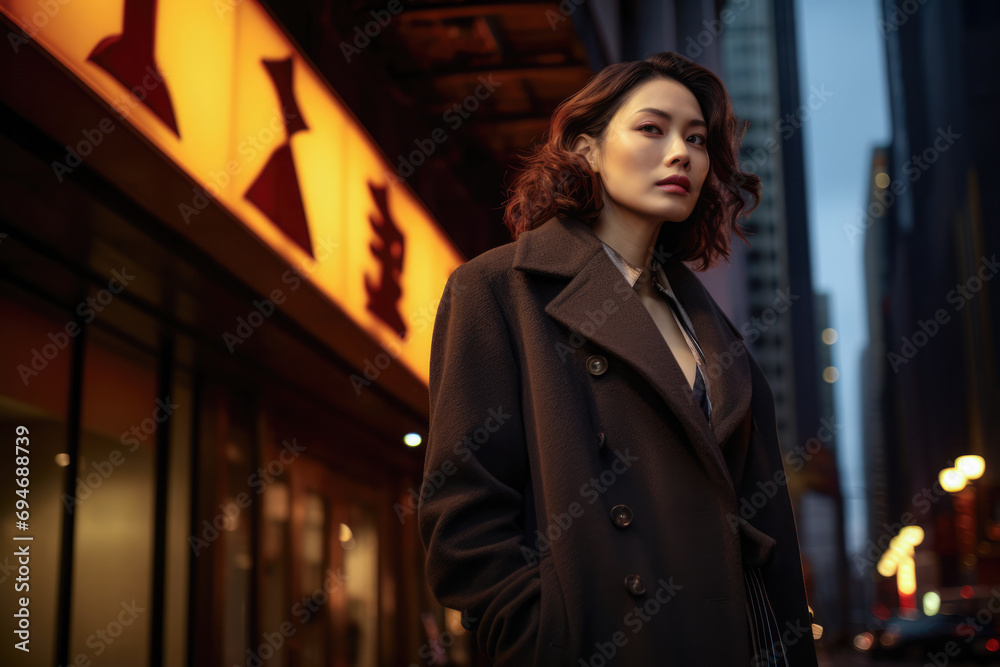 Portrait of a young Asian woman on a night city scene. Dark moody tones Portrait of a young Asian woman on a night city scene. Dark moody tones