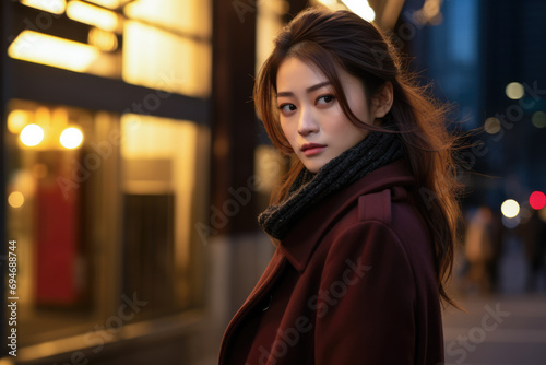 Portrait of a young Asian woman on a night city scene. Dark moody tones