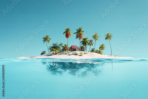 Lone palm trees on a deserted island in shallow turquoise waters  a symbol of peace and relaxation in a tropical paradise. AI Generative.