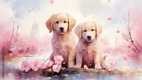 Two cute dogs in pink flowers. watercolor postcard photo