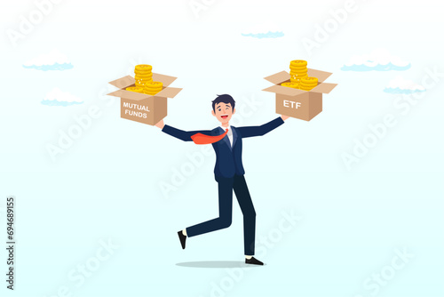 Businessman investor holding or balance ETF box on left hand and mutual fund box on right hand, ETF, index fund or mutual fund alternative (Vector)