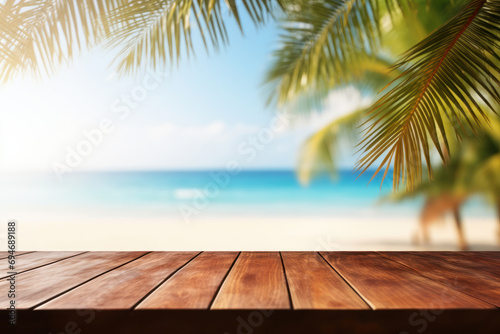 Tropical tranquility on an old wooden table by the sea. Paradise found with a clear blue sky, palm leaves, and an empty deck overlooking the ocean. Is AI Generative.