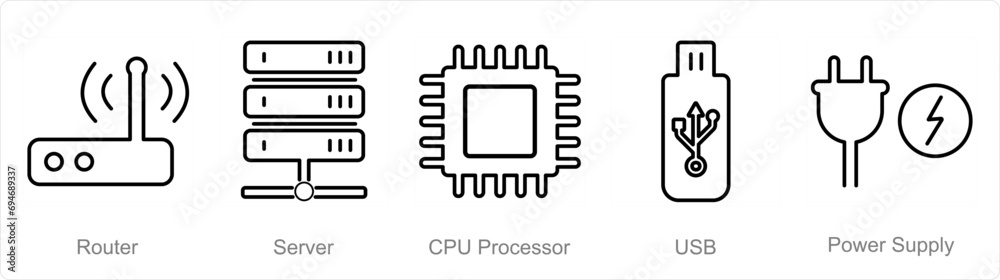 A set of 5 Computer Parts icons as router, server, cpu processor A set of 5 Computer Parts icons as router, server, cpu processor