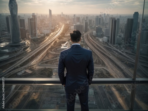 Businessman in the future network city, gazing toward the horizon of endless possibilities