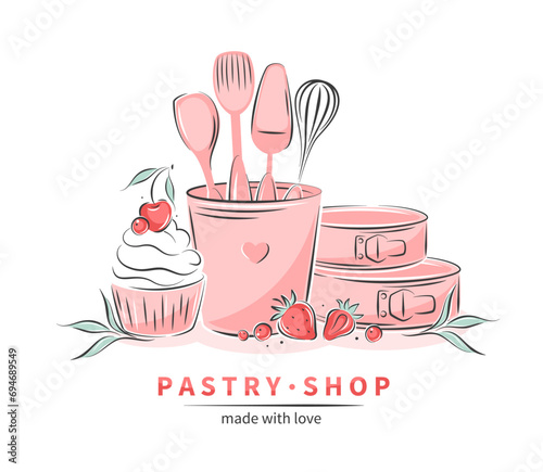 Pastry shop. Set of tools for making pastries, cookies and cakes. Confectionery tools, dessert and different berries. Vector illustration 