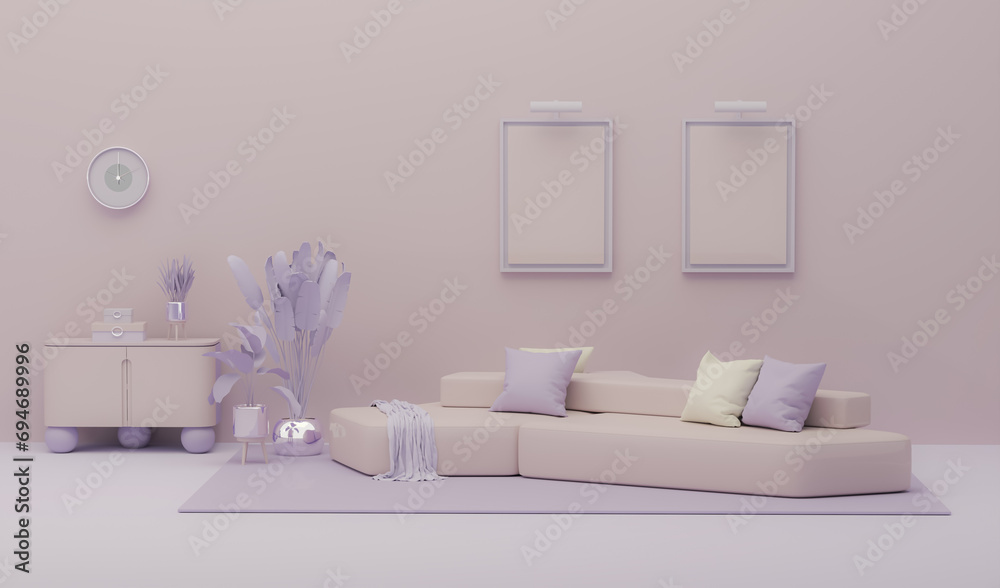 Creative composition. Interior of the room in purple, pink ivory color with furnitures and room accessories, frame mock up. Light background with copy space. 3D render for web page, studio. 