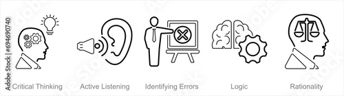 A set of 5 Critical Thinking icons as critical thinking, active listening, identifying errors