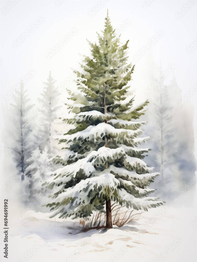 Watercolor illustration of Caucasian fir pine with snow winter. Christmas, Happy new year, Holiday,	
