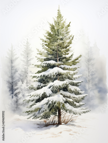 Watercolor illustration of Caucasian fir pine with snow winter. Christmas, Happy new year, Holiday, 