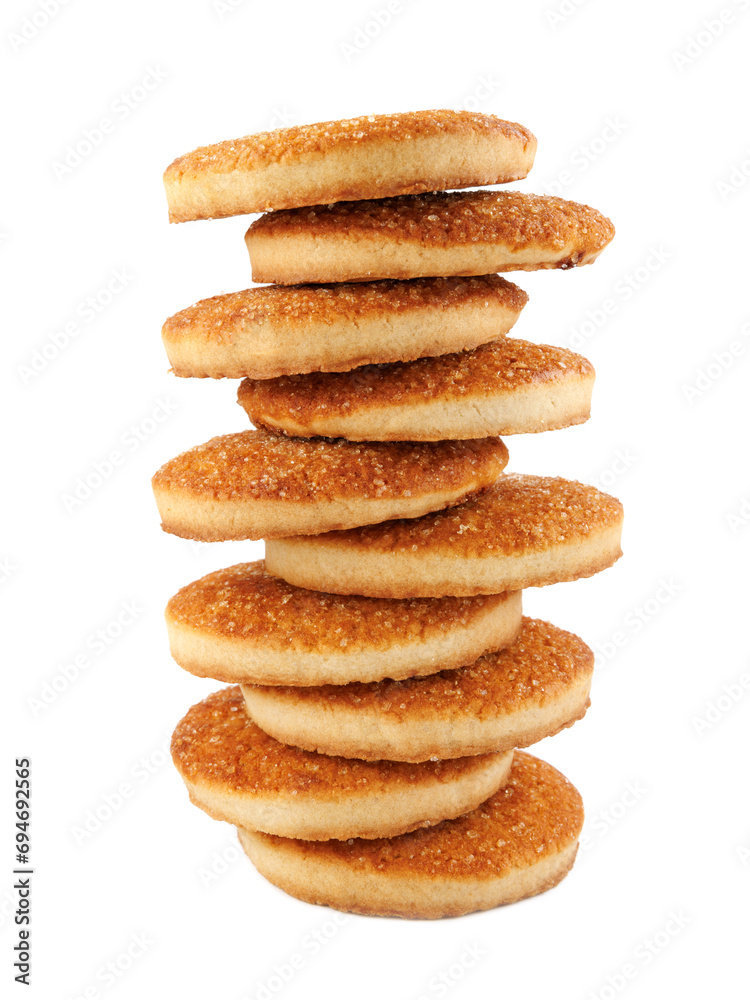 Beautiful round cookies isolated on a white background. Cookie tower on a white background. Beautiful round cookies isolated on a white background. Cookie tower on a white background.