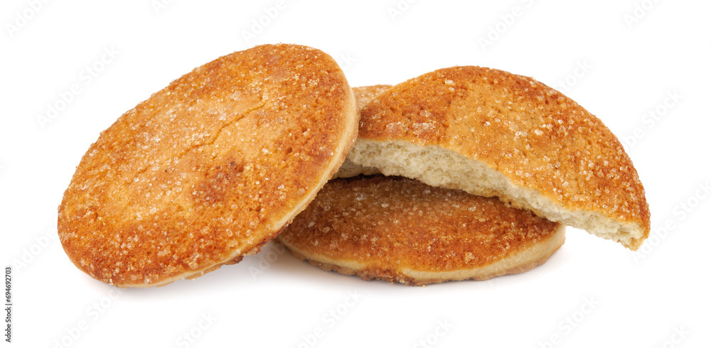 Beautiful round cookies isolated on a white background. Whole and broken cookies.