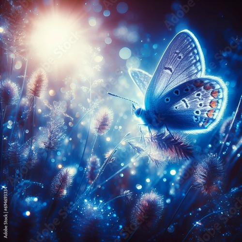 Butterfly in the grass on a meadow at night in the shining moonlight on nature in blue and purple tones, macro. Fabulous magical artistic image of a dream.   © Eva