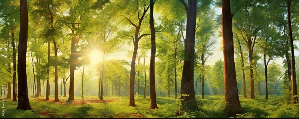 Forest sunrise. Captivating image transports into heart of nature. Light of morning sun bathes forest in warm and ethereal glow