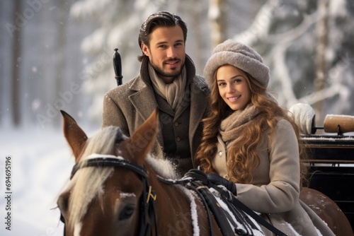 Happy couple bundled up for a cozy horse-drawn sleigh ride through a snowy forest, winter romance