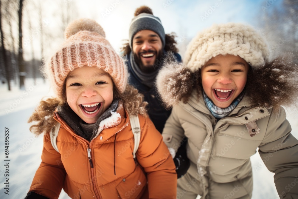 Laughing family enjoying a day of snowball fights and snow angels, winter bonding activities