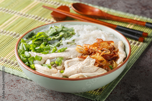 Mien Ga is a super simple and delicious Vietnamese chicken soup with cellophane noodles closeup on the bowl on the table. Horizontal