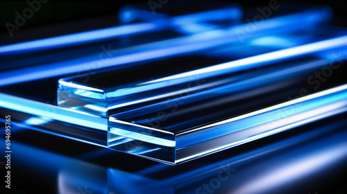 Sleek Blue Glass Bars Layered with Precision and Clarity on a Reflective Dark Surface