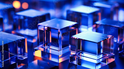 Sapphire Serenity: Crystal Cubes Bathed in Blue Hues Reflecting a Dance of Light and Shadow