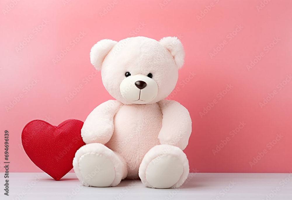 Teddy bear holding a heart-shaped pillow with plank Teddy bear holding a heart-shaped pillow with plank