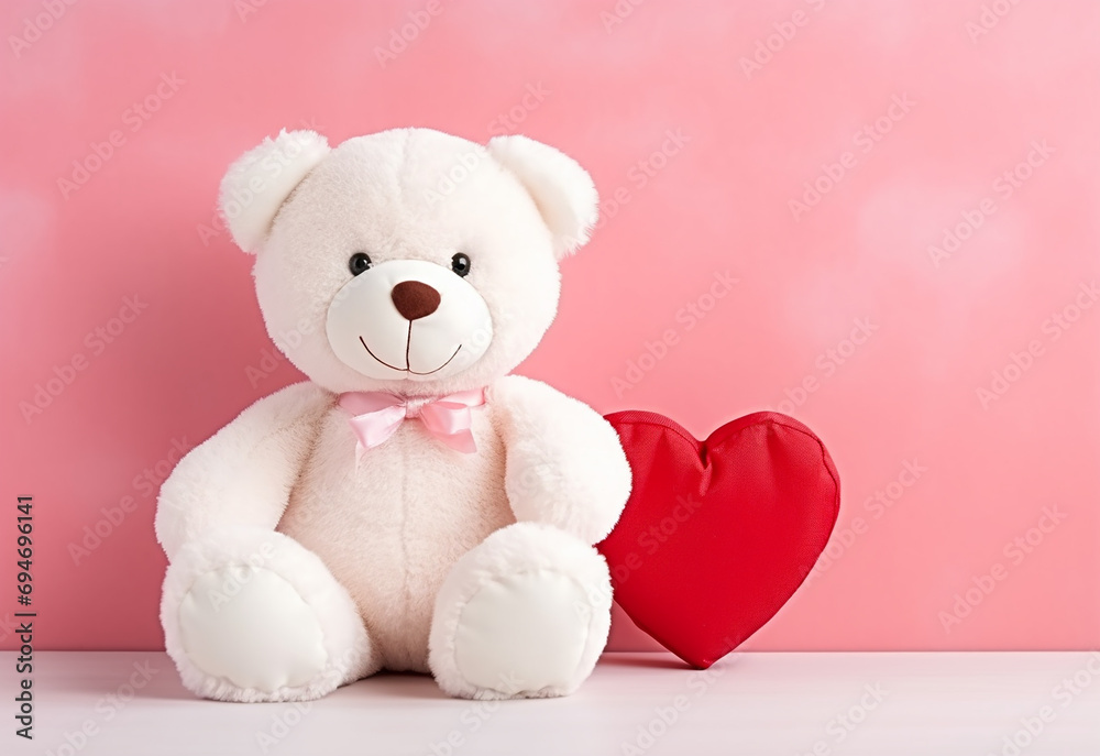 Teddy bear holding a heart-shaped pillow with plank Teddy bear holding a heart-shaped pillow with plank