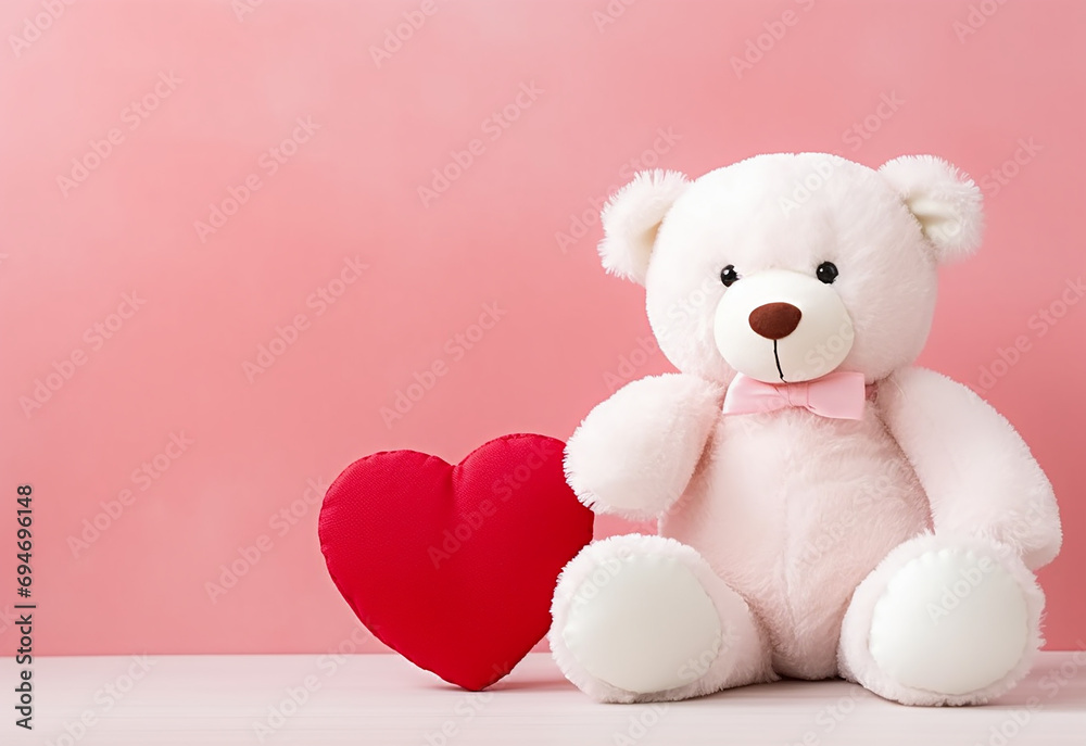 Teddy bear holding a heart-shaped pillow with plank Teddy bear holding a heart-shaped pillow with plank