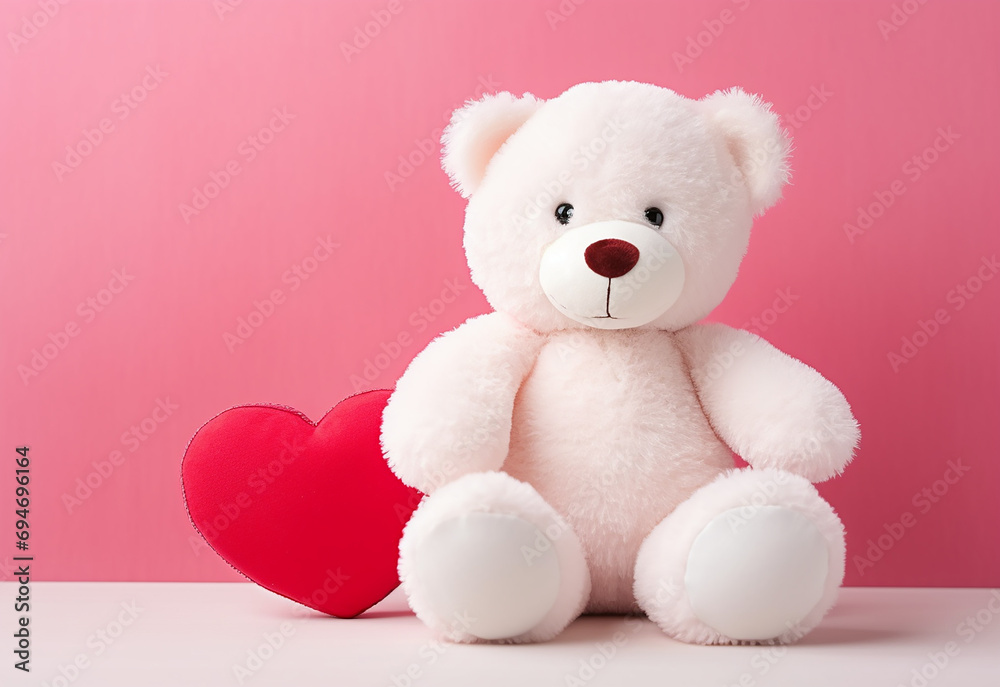Teddy bear holding a heart-shaped pillow with plank Teddy bear holding a heart-shaped pillow with plank
