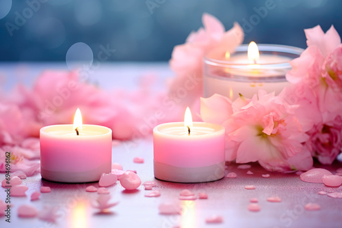 Aromatherapy concept, candles with flowers. Soy candles with flowers scent. Spa candles with a pleasant aroma.