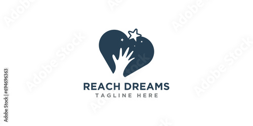 Reaching Star fun logo with love symbol, Online Learning logo design, Kids Dream logo, Reach Dreams logo, hand and love silhouette with star for reach dreams logo