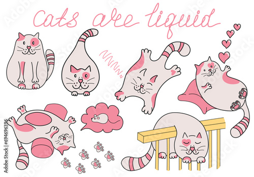 Cats in different poses and lettering "Cats are liquid". Cute vector set for chidren's clothing, sticker, card, pattern, t-shirt design, ets. Not AI.