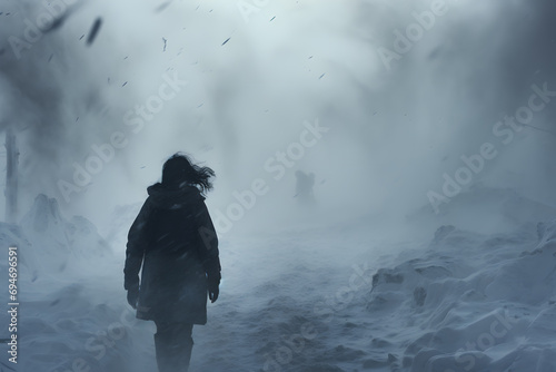 violent snowstorm, man walking away from the camera turning his head looking back photo