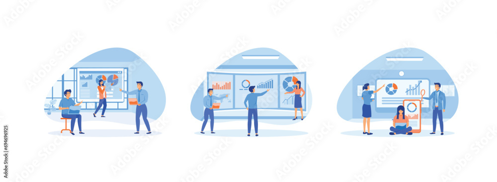 Office workers are studying the analysis of the evolutionary scale, diagrams of sales management , mobile website development. Data analysis set flat vector modern illustration