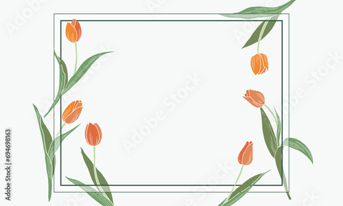 Tulip flower and leaves botanical painting. Hand-drawn vector illustration. Floral frame invitation card design.	
