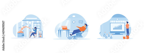 getting paid from online work, Businessman and passive income flat design, Businessman relaxes waiting for the money to enter his dollar coins. Passive income 2 set flat vector modern illustration
